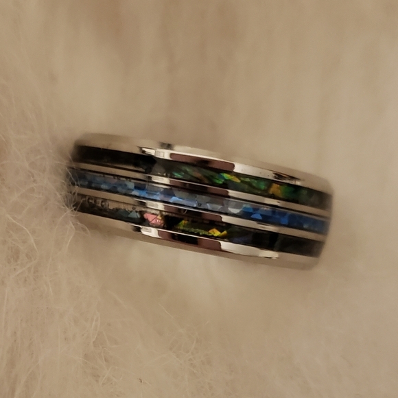 NEW Mens Tungsten Carbide inlaid Shells Blue Opal Statement Ring Gifts Unisex - Picture 6 of 16